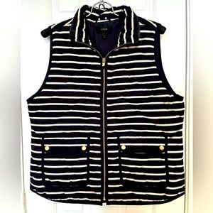J Crew Womens Size L Navy & Ivory Stripe Zippered Quilted Down Puffer Vest
